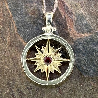 Compass Rose Pendant in Sterling Silver and 14K Gold Mix with Ruby