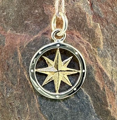 Compass Rose Pendant in 2 Tone 14K Yellow Gold and Sterling Silver Mix.